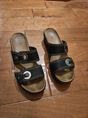 Clarks Black Leather Slide Sandals